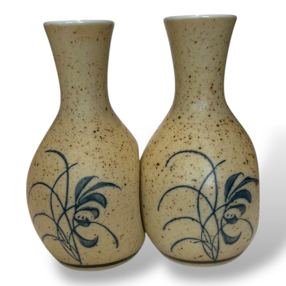 Mid-Century Speckled Glaze Pottery Nesting Saki Bottles Hand Painted Signed